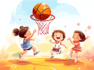 体育教育篮球兴趣班招生卡通人物孩子们打篮球场景